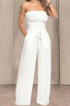 White Fashion Casual Solid Draped Cotton Sleeveless Wrapped Jumpsuits