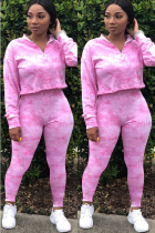 Pink  Street Two Piece Suits Print pencil Long Sleeve Two-piece Pants Set