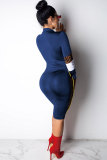 Blue Sexy Fashion Cap Sleeve Long Sleeves Turndown Collar Step Skirt Knee-Length chain Patchwork Print C