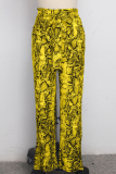 Yellow Polyester Drawstring Mid Patchwork Print Loose Pants  Pants