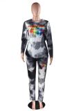 Black Polyester Active Print Straight Long Sleeve  Two-piece Pants Set