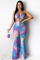 violet Fashion Sexy Print Patchwork bandage Tie-dyed Hollow Polyester Sleeveless Hanging neck Jumpsuits