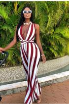 Wine Red Sexy Fashion zipper Striped Print Patchwork Polyester Sleeveless V Neck  Jumpsuits