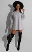 Grey Polyester adult Sexy Fashion lantern sleeve Long Sleeves O neck Pencil Dress Mini Solid Patchwork 