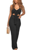 Black Fashion Sexy Patchwork bandage Backless Hollow Solid Sleeveless V Neck Jumpsuits