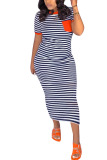 Orange Fashion Casual Red Blue Green Orange purple Cap Sleeve Short Sleeves O neck Step Skirt Mid-Calf Striped Dresses