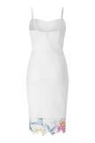 White Fashion Sexy Spaghetti Strap Sleeveless Slip Step Skirt Knee-Length Patchwork Print Club Dresses