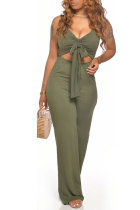 Green Fashion Sexy Patchwork bandage Hollow Solid Polyester Sleeveless Slip Jumpsuits