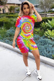 Green Fashion adult Street Patchwork Print Tie Dye Two Piece Suits Straight Short Sleeve Two Pieces