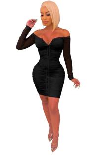 Black Polyester Fashion Celebrities Sexy Off The Shoulder Long Sleeves One word collar Step Skirt Mini Mes