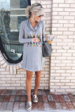 Grey Sexy Fashion Cap Sleeve Long Sleeves Turtleneck A-Line Knee-Length Print Dresses