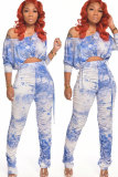 Blue Fashion Sexy adult Patchwork Print Tie Dye Two Piece Suits pencil Half Sleeve Two Pieces