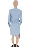 Light Blue Street Shirt sleeves Long Sleeves V Neck Asymmetrical Knee-Length Patchwork asymmetrical S