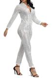 White Sexy Fashion zipper Sequin Chlorine Long Sleeve O Neck Jumpsuits