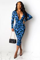 Light Blue OL Fashion adult Cap Sleeve Long Sleeves V Neck Step Skirt Mid-Calf Print Leopard