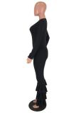 Black Sexy Fashion Solid Ruffled Polyester Long Sleeve V Neck 