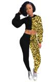 Yellow adult Casual Fashion Print asymmetrical Patchwork Two Piece Suits Leopard Straight Long Sl