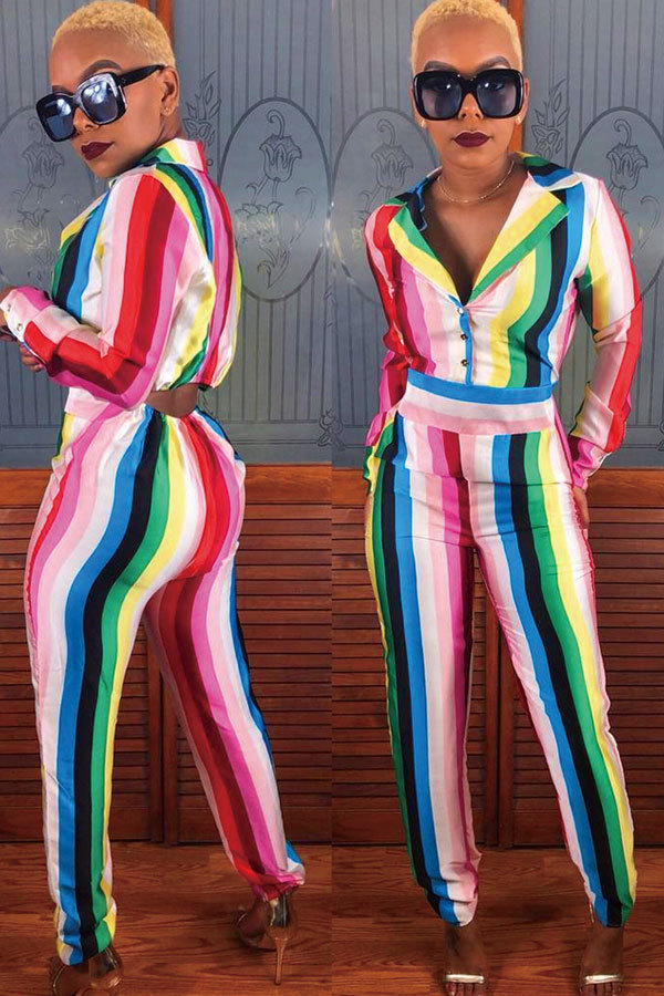 Multi-color Elastic Fly Long Sleeve Mid Patchwork Striped Straight Pants Jumpsuits & Rompers