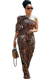 Leopard print street Leopard grain Polyester Half Sleeve one shoulder collar  Jumpsuits