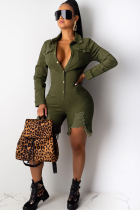 Army Green Sexy Solid Button washing Cotton Long Sleeve Turndown Collar  Rompers