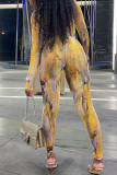 Yellow Sexy Patchwork Tie-dye O Neck Long Sleeve Two Pieces
