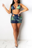 Blue Fashion Sexy Print Hollowed Out Backless Swimwears