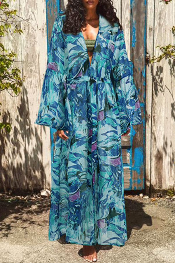 Blue Fashion Casual Print Cardigan Outerwear