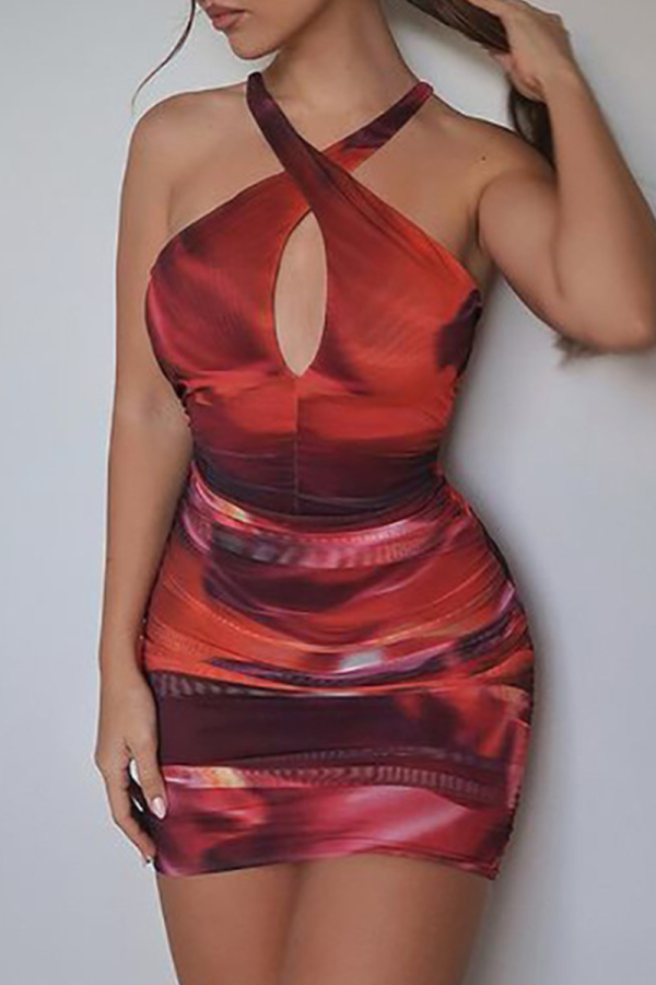 Red Sexy Patchwork Tie-dye Halter Pencil Skirt Dresses