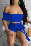 Blue Sexy Casual Solid Backless Bateau Neck Short Sleeve Two Pieces