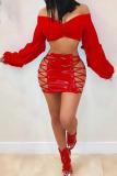 Red Sexy Solid Bandage Draw String Regular Patchwork Bottoms