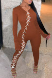 Brown Fashion Casual Solid Hollowed Out O Neck Skinny Jumpsuits