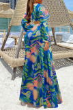 Blue Fashion Sexy Print Slit V Neck Long Sleeve Two Pieces