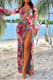 Rose Red Fashion Sexy Print Slit V Neck Long Sleeve Two Pieces