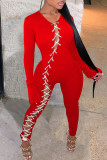Red Fashion Casual Solid Hollowed Out O Neck Skinny Jumpsuits