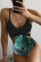Black Fashion Sexy Print Hollowed Out Split Joint Swimwears
