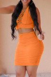 Orange Sexy Casual Solid Hollowed Out Backless Halter Sleeveless Two Pieces