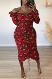 Red Fashion Sexy Plus Size Print Backless Bateau Neck Printed Dress