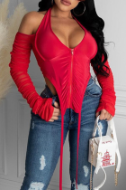Red Sexy Solid Draw String V Neck Tops