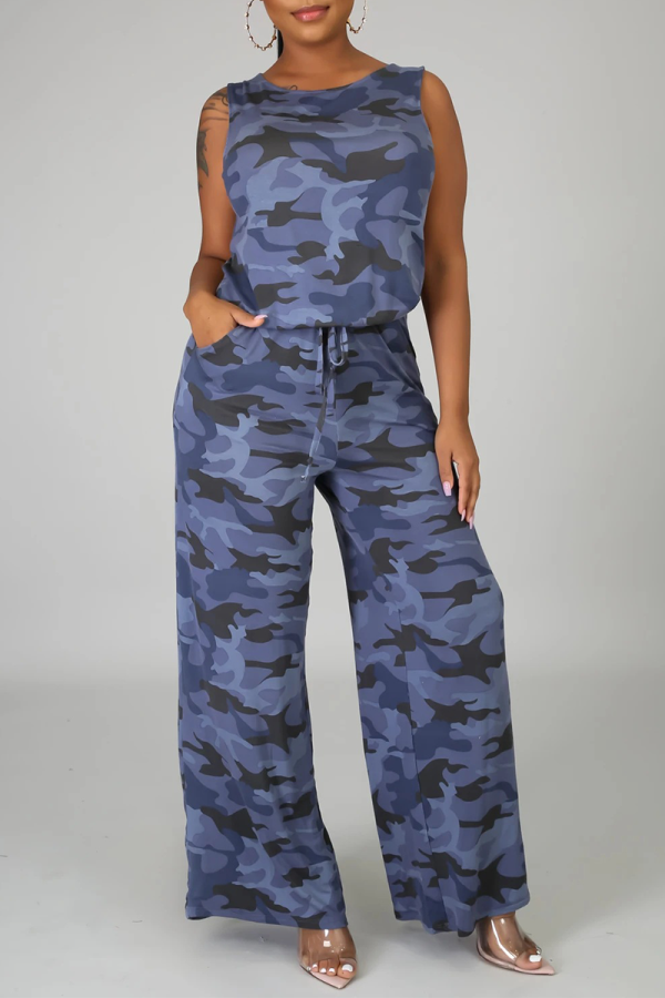 Blue Street Camouflage Print Split Joint O Neck Straight Jumpsuits