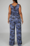 Blue Street Camouflage Print Split Joint O Neck Straight Jumpsuits