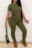 Army Green Casual Solid Split Joint Fold Asymmetrical O Neck Short Sleeve Two Pieces