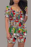 Multicolor Casual Print Split Joint V Neck Short Sleeve Two Pieces