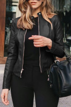 Black Fashion Casual Solid Basic Zipper Collar Plus Size Coats