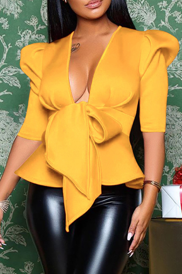 Yellow Fashion Casual Solid Basic V Neck Tops