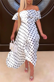 White Sexy Casual Dot Print Backless Off the Shoulder Irregular Dress Dresses