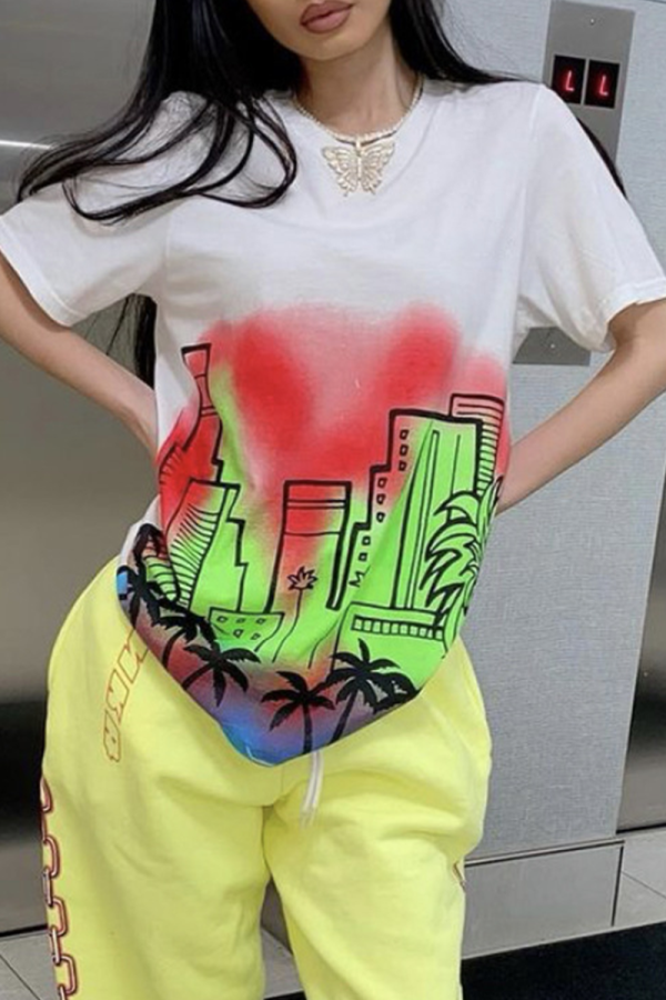 White Casual Print Patchwork O Neck Tops