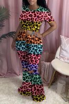 Multicolor Sexy Leopard Split Joint O Neck Short Sleeve Two Pieces