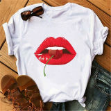 White Red Fashion Casual Lips Printed Basic O Neck Tops