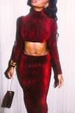 Red Sexy Animal Print Patchwork Turtleneck Long Sleeve Two Pieces