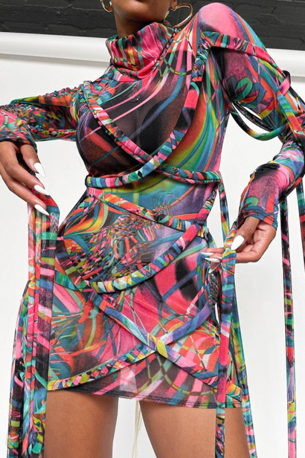 Colour Sexy Print Mesh Turtleneck Pencil Skirt Dresses